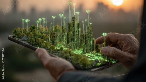 Holographic green city projection on tablet held by hands against city background.