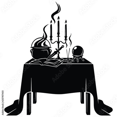 Witchcraft ritual table silhouette vector illustration with magical elements and alchemy.