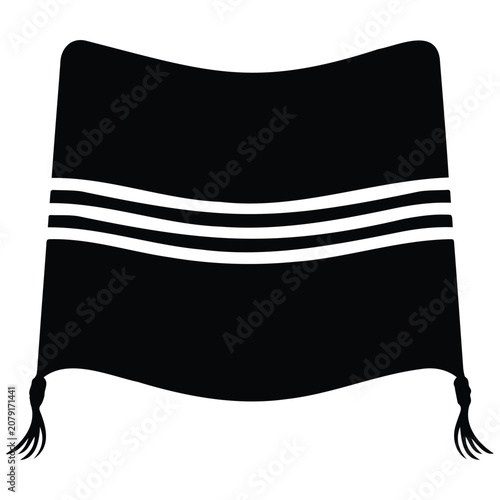 Tallit prayer shawl with stripes and fringes isolated black silhouette vector illustration.