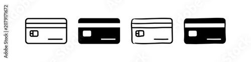 Foto Set of four credit card icons in various styles: outline, solid black, and hand-drawn doodle versions