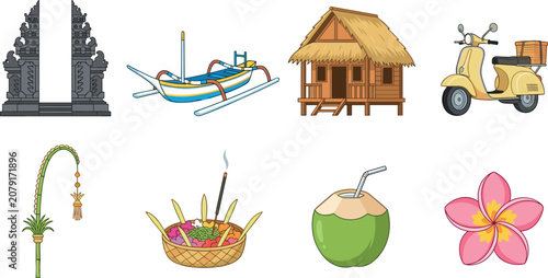 Obraz na plátně Bali Indonesia Travel Culture Vector Element Set Featuring Candi Bentar Gate, Ou