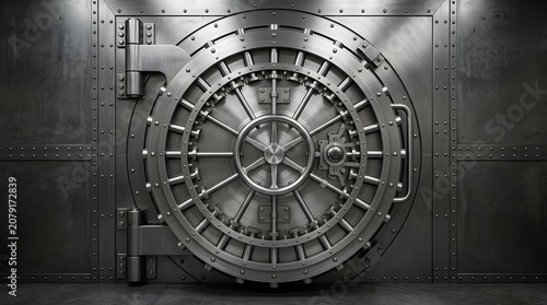 Heavy steel bank vault door with circular locking mechanism