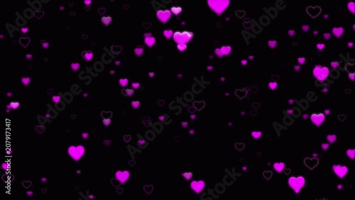 Pink heart emoji particles float in a seamless loop with alpha channel, ideal for romantic overlays and motion graphics.