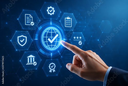 Hand selecting glowing global verification interface with security compliance checklist certification document rating and quality assurance icons on blue technology background digital concept