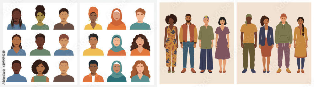 Obraz premium Diverse multicultural people avatars and full body character illustrations set