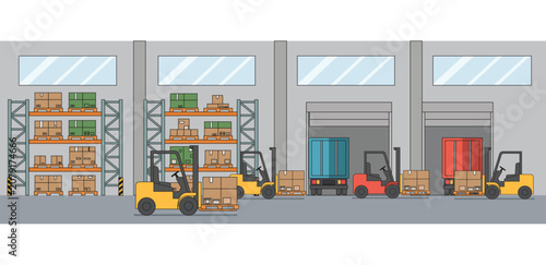 Modern warehouse logistics illustration featuring forklifts storage racks cargo trucks and pallet boxes supporting inventory management distribution supply chain and freight operations
