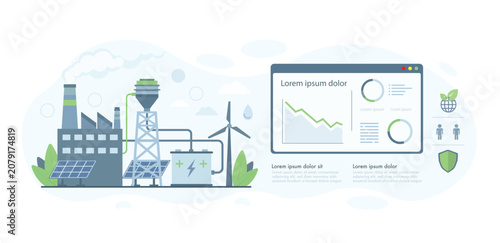 Clean energy management illustration featuring renewable power plant solar panels wind turbine battery storage and digital analytics dashboard for sustainable industry environmental monitoring 