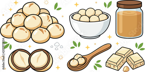 Bild auf Leinwand Macadamia Nut Products Vector Illustration Set Featuring Glass Jar of Butter She