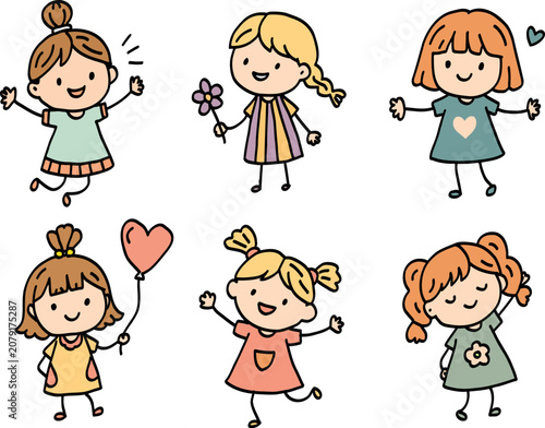 Cheerful hand drawn girls in playful poses with pastel colors, thick black outlines, smiling faces, simple shapes, and clean white background for kids design set