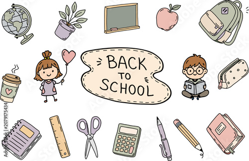 Back to school hand drawn icons set with children globe backpack and stationery in soft pastel palette