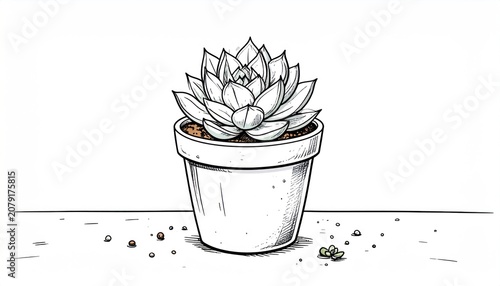 Hand-drawn illustration of a succulent plant in a white pot on a surface with scattered small stones
