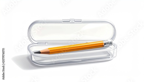 Clear plastic pencil case with yellow pencil inside isolated on white background studio shot