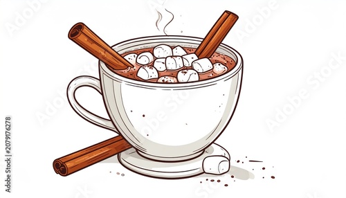Hot chocolate in a white mug with marshmallows cinnamon sticks and steam isolated illustration