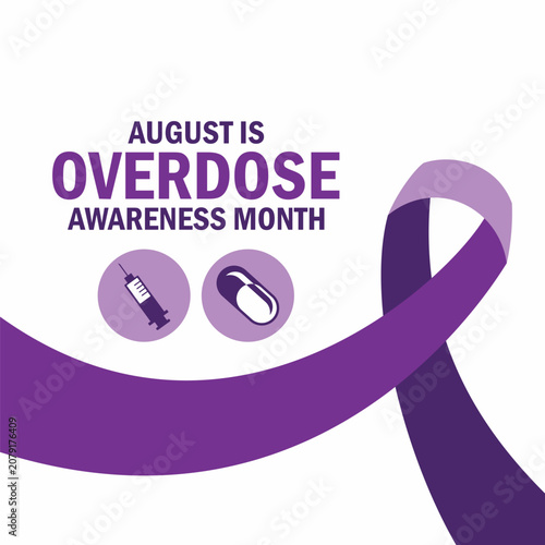 August is Overdose Awareness Month poster vector illustration. Purple awareness ribbon, syringe, pill, drug icon set. Template for background, banner, card. Important day