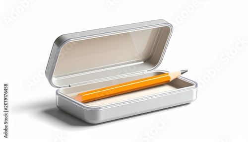 Orange pencil with yellow stripes inside an open metallic pencil case on a white background