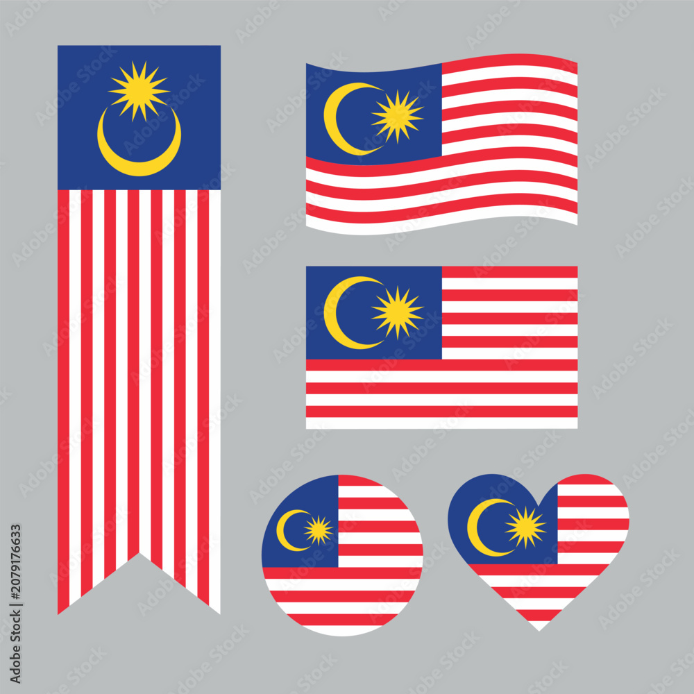 Obraz premium Malaysia flag vector set featuring standard rectangle, waving design, vertical hanging banner, round circle badge, and heart shape isolated on a gray background
