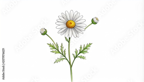 Detailed illustration of a chamomile daisy flower with buds and leaves on white background