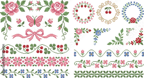 Photos Set of decorative floral embroidery elements with roses and butterflies for fabr