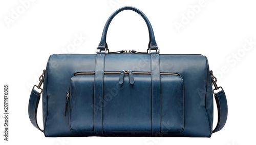 Foto Isolated luxurious blue leather duffel travel bag with a shoulder strap and fron