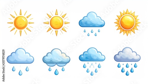 Set of cartoon weather icons: sun sun with clouds and rain clouds on white background