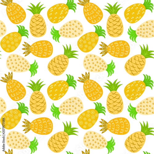 Seamless pattern with pineapple, decorative tropical fruit with different textures in doodle style on white background