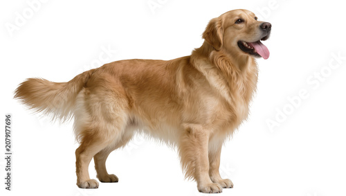 Cuadro en lienzo Isolated golden retriever dog standing sideways, happy and panting with tongue o