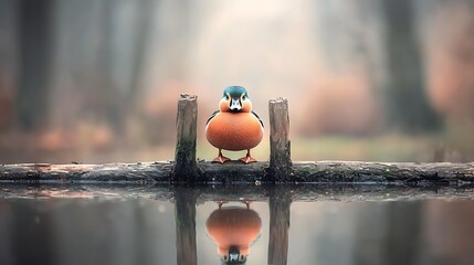 Duck perched on log, serene reflection
