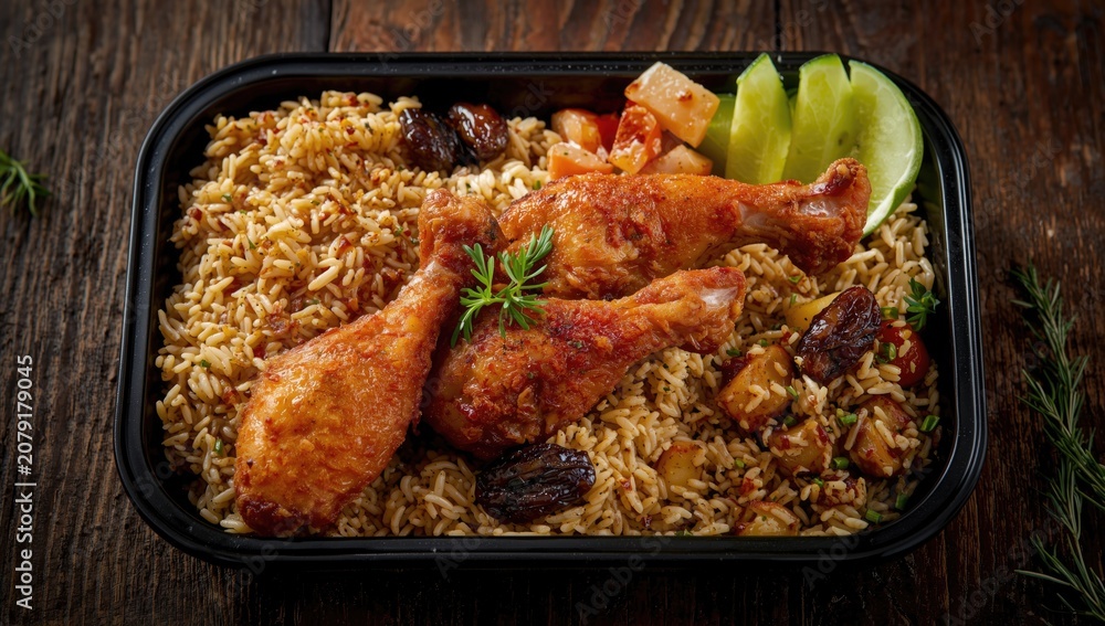 Fototapeta premium Grilled chicken with rice and vegetables in a takeout container