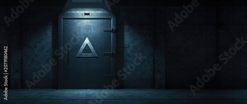 Museum bunker door closed with triangle symbol in low light and copy space included