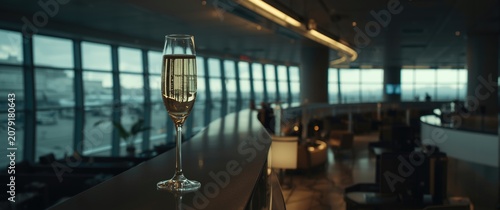 Champagne flute on a countertop in an airport lounge