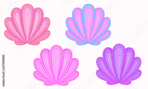 Set of decorative scallop sea shells in pastel pink and purple colors, vector illustrations, isolated on white background