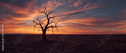 Barren landscape with a dead tree at sunset