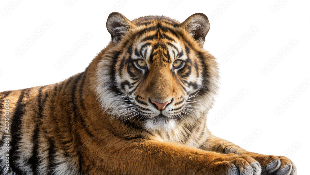 Obraz premium Isolated majestic tiger resting, wild predator looking directly at the viewer, powerful big cat