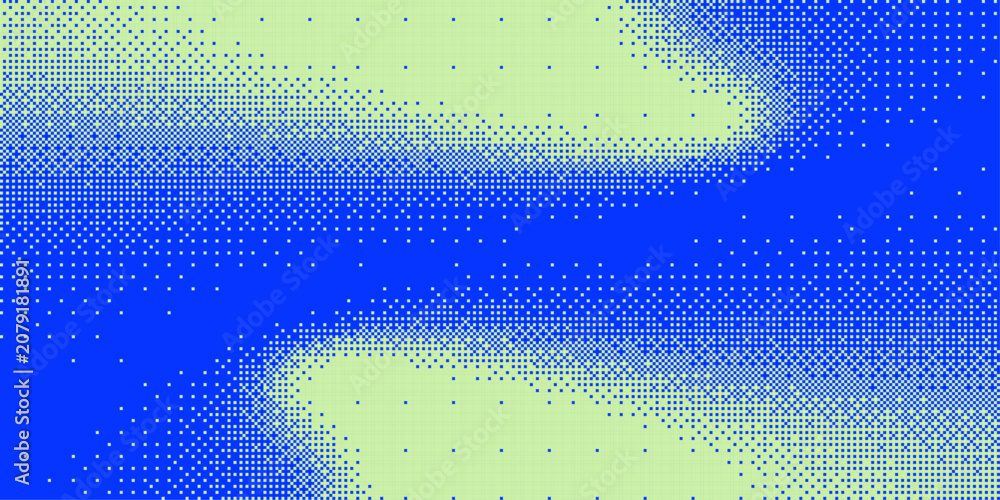 Naklejka premium Blue green pixelated bitmap texture background. Retro pixel art, glitch dither pattern, 8 bit background. Halftone bit gradient fade pixel duotone border for arcade video game. Vector illustration