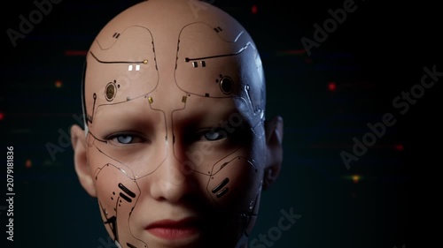 Futuristic android face in digital darkness