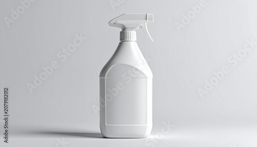 A white plastic spray bottle with cylindrical body and tapered neck, featuring a trigger nozzle, placed against a plain background, symbolizing household utility, cleaning, and everyday functionality.