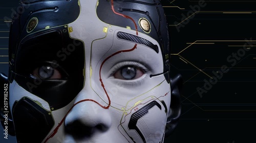 Close-up android face with digital circuits