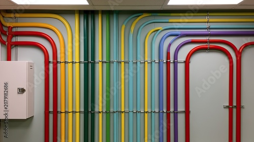 Colorful conduits and pipes ascend and descend along a plain wall
