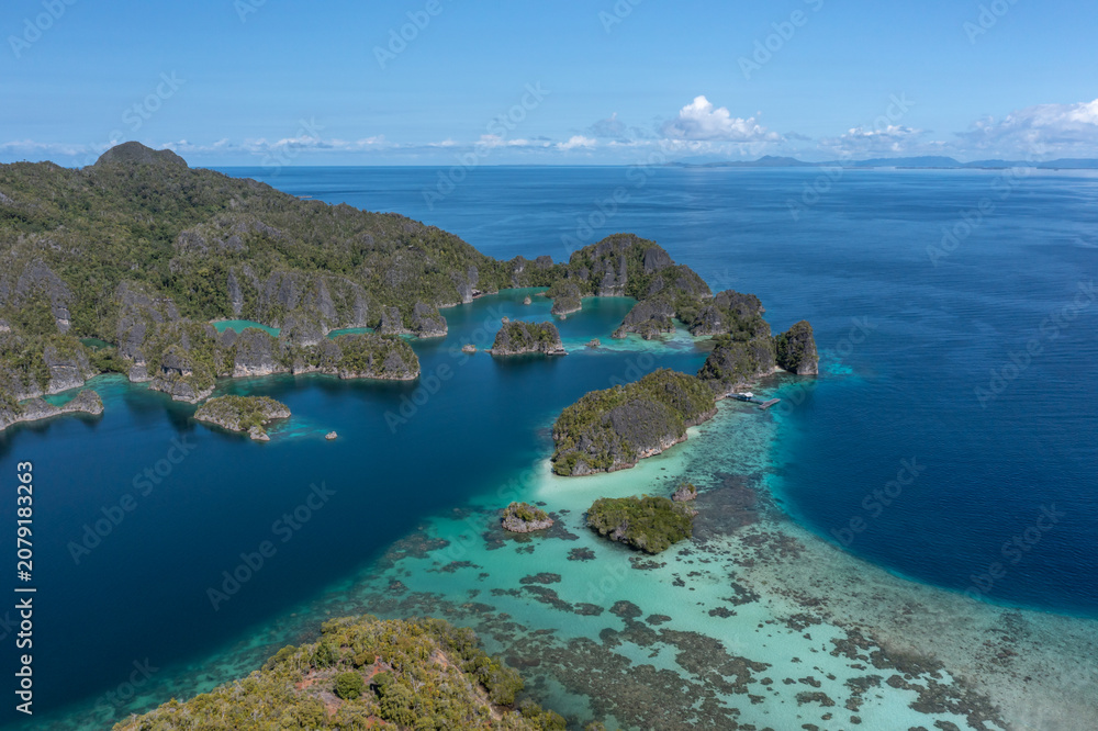Fototapeta premium Turquoise lagoons between limestone islands viewed from above in Piaynemo Raja Ampat Indonesia