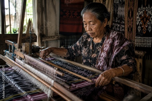 Elderly Woman Weaving Traditional Ikat Textile on Wooden Loom, Indonesian Heritage Craft