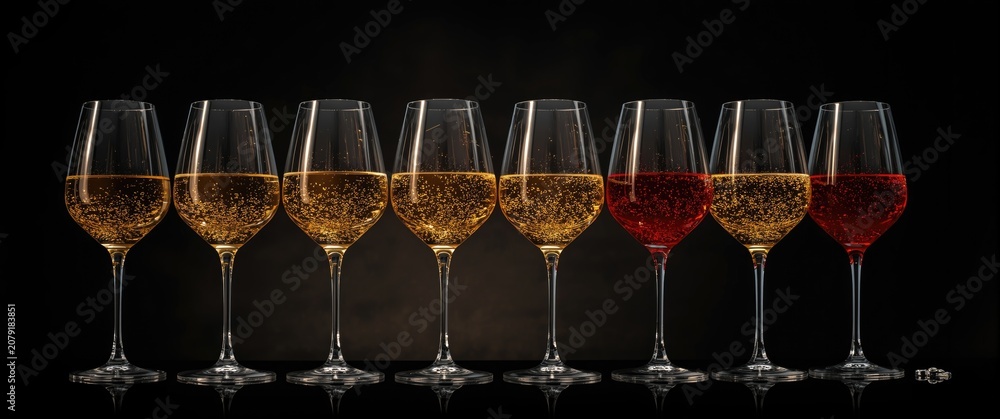 Fototapeta premium Glasses of sparkling wine arranged in a line