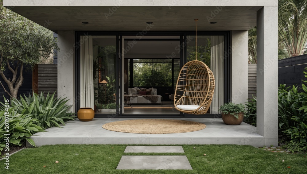Fototapeta premium Modern outdoor living space with hanging chair and greenery