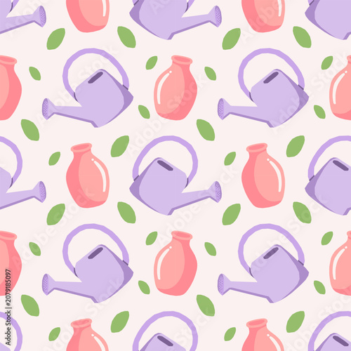 Cute Seamless Pattern with Watering Can and Ceramic Vase, Cartoon Pastel Background Vector with Leaves, Minimalist Indoor Gardening Wallpaper for Fabric and Wrap Paper