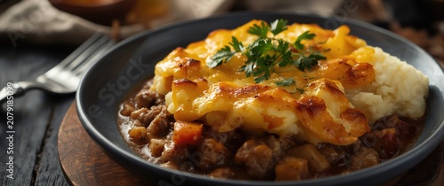 Cheesy shepherd's pie with mashed potatoes on wooden table