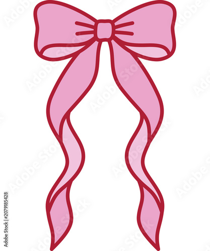 Hand drawn pink ribbon bow with long wavy tails isolated PNG