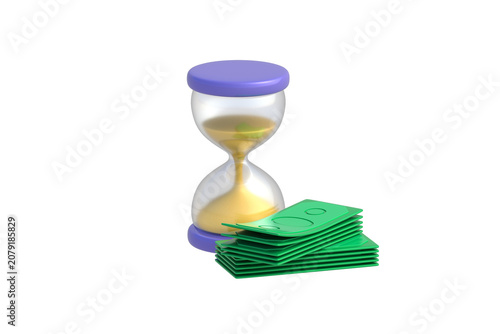 Quarterly results. Mortgage payment schedule. Time is money. Long term investment duration. Economic forecast. Hourglass and paper cash isolated on white background. 3d render