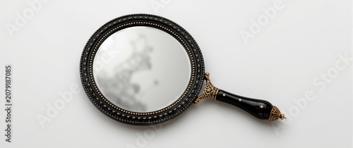 Vintage hand mirror with ornate black and gold design