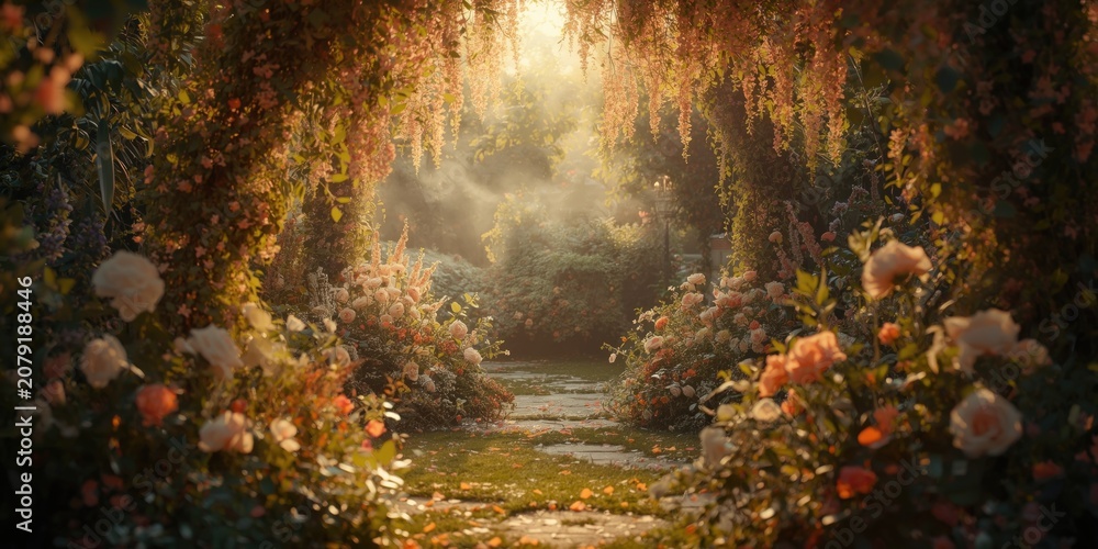 Obraz premium magical garden setting for maternity and wedding photography featuring soft flowers