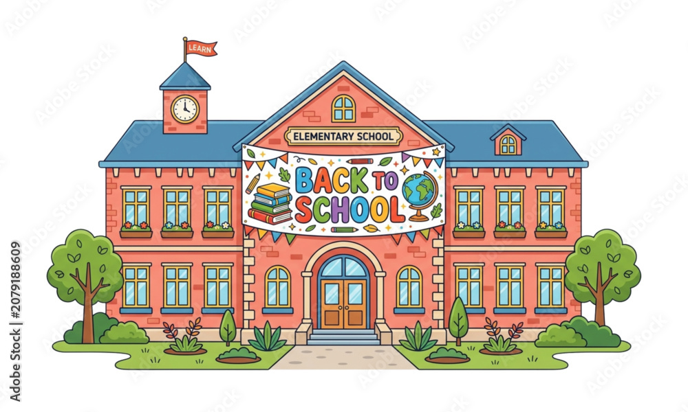 Fototapeta premium Classic Brick Elementary School Building with Back to School Banner