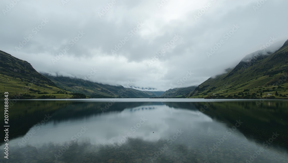 Obraz premium Cloudy lake reflecting mountains and sky in Norway